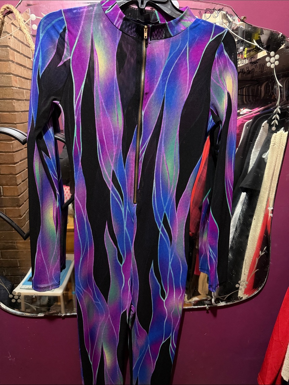 Fashion Nova Black Illusion Mesh Purple Jumpsuit